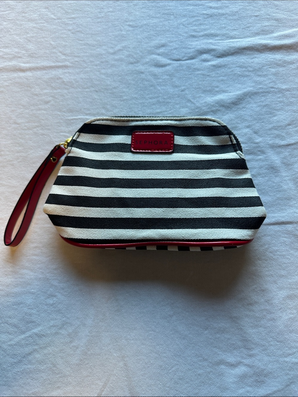 Sephora Black & White Striped Cosmetic Wristlet with Red Accents